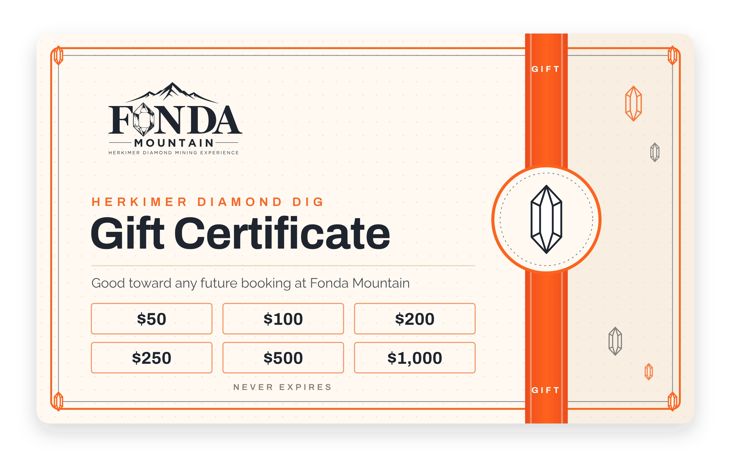 Fonda Mountain gift certificate with Herkimer diamond crystal design